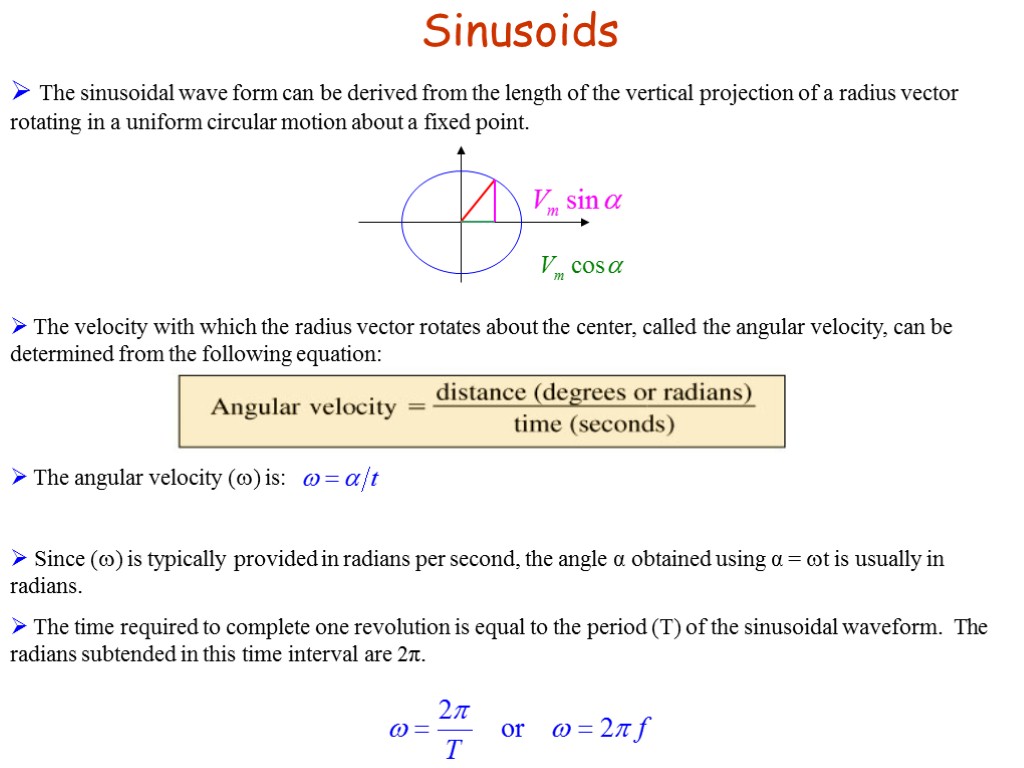 Sinusoids The sinusoidal wave form can be derived from the length of the vertical